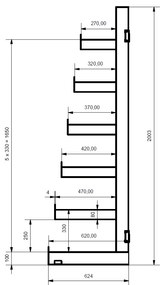 Regał wspornikowy, jednostronny, choinkowy, 2000 x 1380 x 624 mm, 6 półek