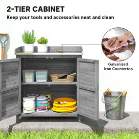 Outsunny Stół do przesadzania z szafką z drewna, ogrodowa szafka z ocynkowanym blatem, 2 półki, szary | Aosom PL