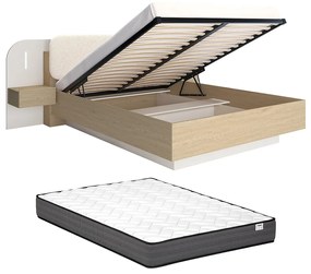 Łóżko ze skrzynią z szafkami nocnymi 160 x 200 cm - Z oświetleniem LED - Kolor: Beżowy i naturalny + Materac - LYORIMA