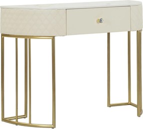 Konsola Sharon Glam 100x40x75 cm z pikowanej białej i złotej skóry ekologicznej – elegancki design z centralną szufladą – gałka w kształcie diamentu