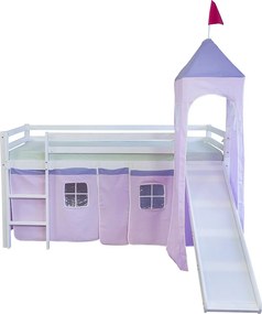 Łóżko piętrowe 90x200 cm różowe, lite drewno sosnowe, zasłona