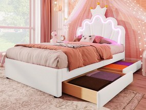 Łóżko dziecięce tapicerowane 90x200 cm - z LED i 2 szufladami - Białe