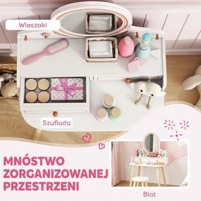 AIYAPLAY Dziecięcy Stolik do Makijażu Zestaw z Taboretem Lustrem Szufladami Drążkami na Ubrania dla 3-8 Lat 56 x 38 x 87,8 cm Biały | Aosom PL