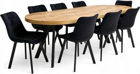 Stół okrągły rozkładany Ø100/300 cm DĄB CRAFT + 8 Krzeseł Velvet Czarny