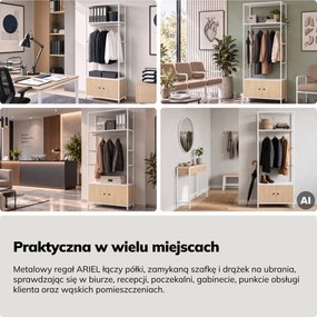 Regał biurowy otwarty z drążkiem na ubrania, do recepcji i poczekalni, metalowy, biały/dąb sonoma, 800x2200x400 mm: ARIEL Eco Design