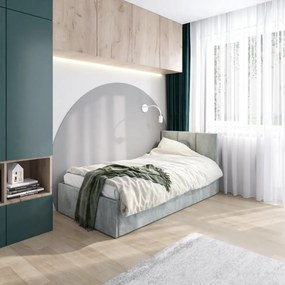 Łóżko młodzieżowe VIVO 80x200 jasne szare z tapicerowanym panelem i pojemnikiem na pościel MKPOL