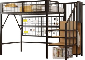 Łóżko mezzanine 90x200 - z oświetleniem LED - z drabiną do przechowywania - z otwartą szafą - czarne (bez materaca)