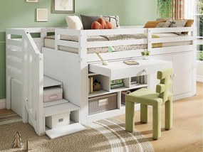 Wielofunkcyjne pojedyncze łóżko dziecięce z litego drewna - z miejscem do przechowywania, drabinką i wysuwanym stolikiem - 90x200cm - Białe