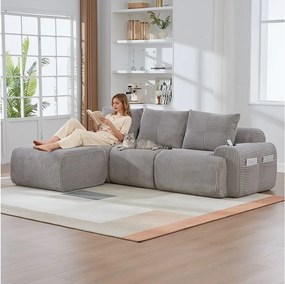 Sofa modułowa 3-osobowa - 268 x 174 x 80 cm - z 1 pufem + uchwytem na kubek + kieszenią do przechowywania - aksamit - jasnoszary