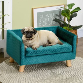 PawHut Sofa dla psa łóżko dla psa kanapa z weluru z oparciem, nogi drewniane, poduszka, do 8 kg 64 x 45 x 36 cm Niebieski | Aosom PL