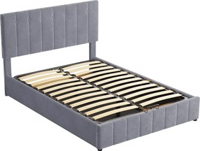 Łóżko ze schowkiem i regulowanym zagłówkiem - 140 x 200 cm - aksamit - stelaż z listew - styl skandynawski - szary