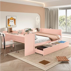 łóżko dwuosobowe ze schowkiem - 140 x 200 cm - 2 szuflady + biurko - bez materaca - sosna + płyta wiórowa - różowe