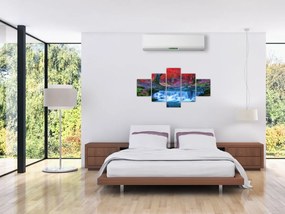 Obraz wodospadu w czerwonym lesie (125x70 cm)