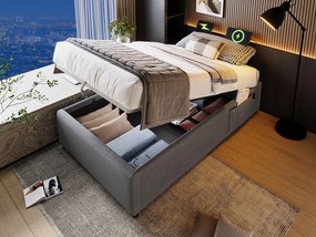 Łóżko tapicerowane 90×200cm - tkanina lniana - z gniazdami do ładowania i stelażem na listwy - Szary