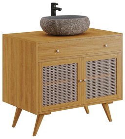 Szafka łazienkowa z jasnego drewna tekowego z plecionką i umywalką kamienną - 90 cm - MANSULAN