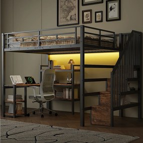 Łóżko piętrowe metalowe - 140 x 200 cm - z drabinką + biurko + port USB + diody LED - czarne