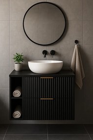 Czarna szafka łazienkowa ryflowana FLOW 80 cm z regałem i blatem