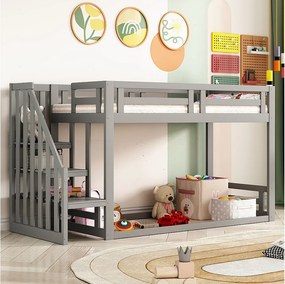 Łóżko piętrowe dla dzieci - 90 x 200 cm - ze schodkami bezpieczeństwa - drewno + MDF - szare