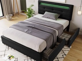 Łóżko 90 x 200 cm - tkanina lniana - LEDy - czarne