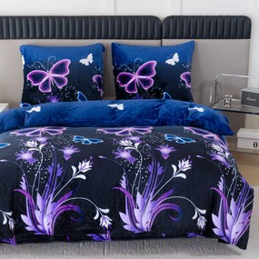 PrzytulneMieszkanie.pl PrzytulneMieszkanie.pl PrzytulneMieszkanie.pl Zestaw 2 sztuk pościeli z mikropluszu VIOLET BUTTERFLY ciemnoniebieskie + prześcieradło z mikropluszu SOFT 180x200 cm białe, podwójne łóżko