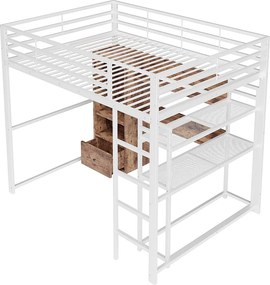 Łóżko piętrowe dla dzieci - 140 x 200 cm - z szafą + oświetlenie LED + biurko + 1 szuflada - płyta MDF + metal - białe