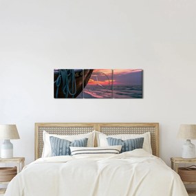 Obraz łodzi na brzegu (z zegarem) (90x30 cm)