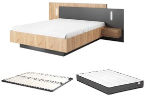 Łóżko z szafkami nocnymi 160 x 200 cm - 2 szuflady - Z oświetleniem LED - Kolory: naturalny i antracytowy + Stelaż + Materac - FRANCOLI