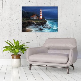Obraz na szkle - Latarnia morska na brzegu oceanu, akwarela (70x50 cm)
