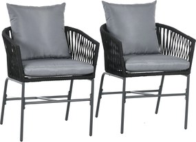 Outsunny Krzesła Ogrodowe, 2 szt., Design Boho, Poduszki na Siedzisko i Oparcie, Wygodna Powierzchnia Siedziska, Rama Metalowa, Czarny