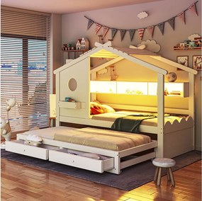 Łóżko dziecięce kabinowe - 90 x 200 cm - z łóżkiem wysuwanym 90 x 190 cm - z 2 szufladami + USB i Type-C + diody LED + półki - drewno - białe
