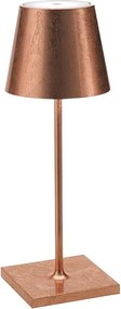 Lampa stołowa LED Zafferano Poldina Pro Mini Copper Leaf, ładowalna i ściemnialna, z czasem pracy baterii do 12 godzin.