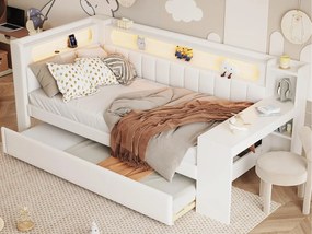 Rozkładana sofa 90x200 cm - z portami USB i LED - z wysuwanym łóżkiem i biurkiem - biała (bez materaca)