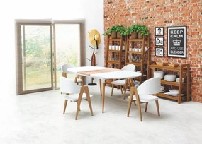 Nowoczesny stół Calipso półokrągły rozkładany 160-200 cm z białym blatem MDF i nogami ze stali w kolorze dąb san remo