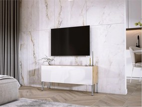 Szafka RTV Wotan Dąb / Biały Błyszczący, Nogi Chrom, 100 x 52 x 32 cm