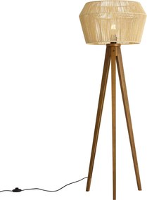 Lampa podłogowa drewniana vintage z brązowym abażurem z papierowego sznurka 50/50/30 - Tripod Classic