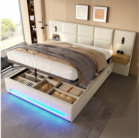 Łóżko z pojemnikiem 180x200 cm - z 2 stolikami nocnymi, LED i portami USB - beżowy aksamit - materac nie jest wliczony w cenę