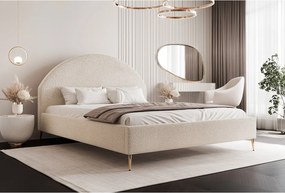BESILIO Łóżko tapicerowane Boucle 160x200 Velora II - stelaż listwowy, wezgłowie, pojemnik, łóżko slim, wysokie złote nogi - Kremowy
