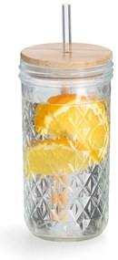Szklanka z metalową słomką i szczelnym wieczkiem z bambusa, 580 ml