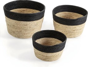 Zestaw trzech koszyków Colummn Nati z naturalnego włókna i papieru, czarno-beżowy.