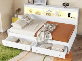 Łóżko banquette 90x200cm - z gniazdem USB i 2 szufladami - stelaż na listwach - Białe