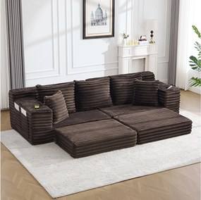 Modułowa sofa 2-osobowa w sztruksie - 107 x 38 x 34 cm - z poduszkami + kieszeniami + uchwytami na kubki - kawowa