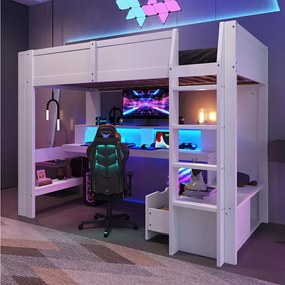 Łóżko piętrowe dla dzieci - 90 x 200 cm - z biurkiem + oświetlenie LED + 1 szuflada + półki - sosna - białe