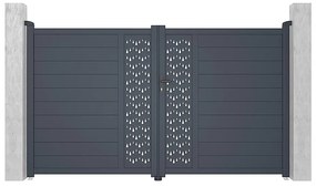 Skrzydłowa, elektryczna, pół-perforowana aluminiowa brama z wzorem Dł.305 x Wys.181 cm antracytowa GREGOR