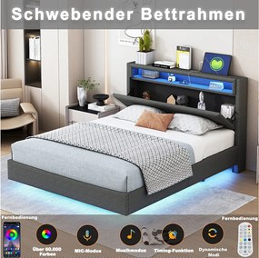 Łóżko tapicerowane 140 x 200 cm - gniazdo USB + diody LED - zagłówek odwracalny - tkanina lniana - szare