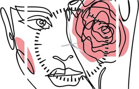 Obraz - Line art twarz z różą (z zegarem) (90x30 cm)