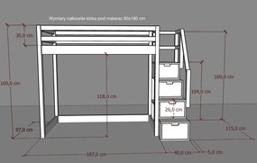 Łóżko na antresoli Marulla 117A ze schodami, barierkami i szufladkami