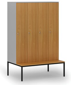 Drewniana szafa ubraniowa S4 z ławką, 4-drzwiowa, 1871 x 1200 x 500/800 mm, demontaż, zamek cylindryczny, szary/buk