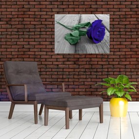 Obraz na szkle - Niebieska róża z zieloną łodygą (70x50 cm)