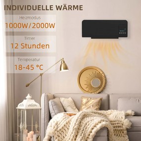 HOMCOM Elektryczny grzejnik, montaż ścienny, funkcja oscylacji, 2 tryby, timer, wyświetlacz LED, czarny | Aosom PL