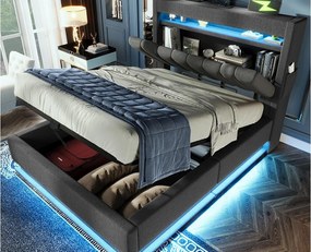 Tapicerowane łóżko z pojemnikiem 90x200 cm - z LED - z portami USB i Type-C - Tkanina lniana - Wezgłowie z przestrzenią do przechowywania - Szary